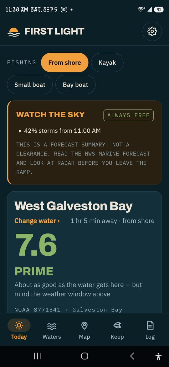 First Light’s Today screen with West Galveston Bay conditions and weather context